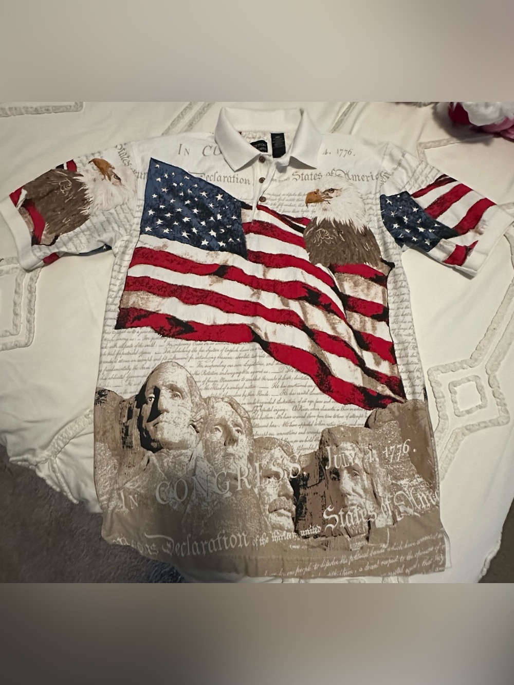 Patriotic Eagle & Flag Polo Shirt - White / Red / Blue